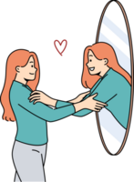 Woman hugs own reflection in mirror demonstrating narcissism and high self-esteem. Girl stands near mirror and rejoices at transformation of appearance after changing image and buying new clothes. png