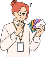 Woman designer holds palette of cards of different colors, choosing desired shade to use in design png