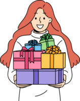 Woman with gift boxes in hands smiles, rejoicing at large number of new year presents from friends png