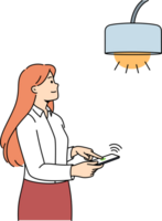 Woman controls lamp through mobile phone with iot or smart home application to turn on light png