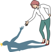 Business woman helps own shadow by demonstrating self-motivation and readiness to solve problems. Girl deals with troubles in business with resilience and restores self-confidence after failure. png