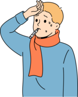 Sick flu boy with thermometer in mouth touching forehead with fever and in need antibiotics png