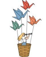 Woman travel flying in basket of origami swans and exploring world with spyglass. Girl dreams of travel and adventure, fantasizing about possibility of fly across sky on paper birds. png