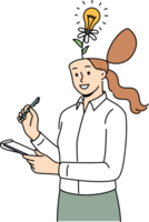 Business woman with flower growing from head and light bulb, metaphor for having creative ideas png