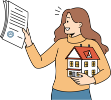 Woman realtor helps people in purchasing real estate and holds mortgage contract and model of house in hand. Realtor girl smiles, rejoicing at selling house and receiving percentage for work. png