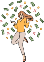 Cheerful woman jumps up standing among rain of money and celebrates receiving big salary png