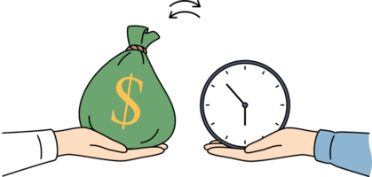 Hand with money and clock as metaphor for exchanging financial resources for time and delegation png