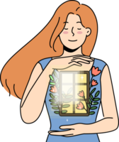 Positive woman demonstrates purity of soul and absence of sins due to caring for inner world, holding window with flowers in hands. Positive girl feels light thanks to regular meditation for balance png