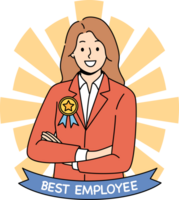 Best employee woman stands with arms crossed in front of chest with medal for career achievements and productive work. Best employee of company smiling posing for honor board or corporate website png