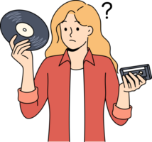 Girl with vinyl record and tape cassette looks confusedly at old-fashioned storage media with music png