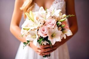 Beautiful wedding bouquet in hands of bride, close-up photo