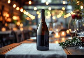 AI generated Bottle of wine on wooden table background. wine shop photo