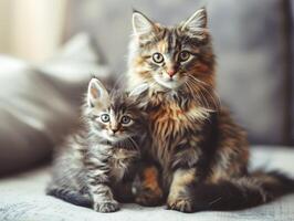 cat sitting with kitten, cute little kittens on floor, selective focus. photo