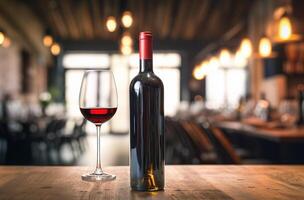 AI generated Glass of red wine with bottle against rustic dark on wooden table. Mock up for design photo