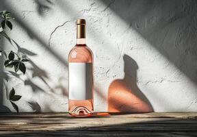 ai generado Rosa vino, botella de Rosa vino con blanco etiqueta y flores en natural luz, Bosquejo foto