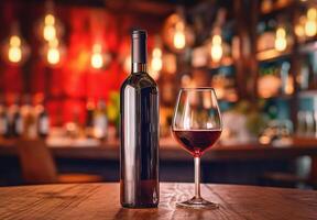 AI generated Glass of red wine with bottle against rustic dark on wooden table. Mock up for design photo