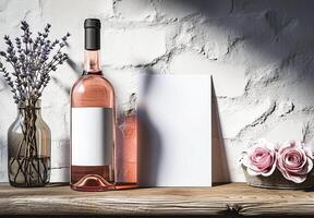 ai generado Rosa vino, botella de Rosa vino con blanco etiqueta y flores en natural luz, Bosquejo foto