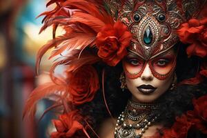 AI generated beautiful masked woman at carnival photo