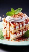 AI generated Cake with whip cream and caramel on top. photo