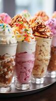 AI generated Colorful ice cream in glass cups on wooden table, closeup. photo