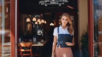 AI generated Nice hostess girl standing near entrance to small European style cafe. Reception of guests in restaurant. Pretty Young female waiter. AI Generated photo