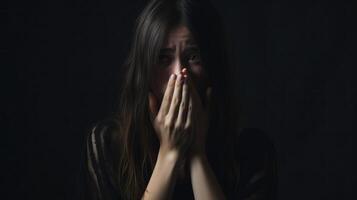 AI generated Portrait of crying woman covering her face with her hands. Depression and tears, bad mood, concept of problems, family violence and bullying. AI Generated photo