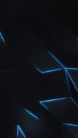 Vertical video - dark futuristic low poly background with the gentle motion of black polygonal triangle shapes and glowing blue neon light. HD and looping technology motion background animation.