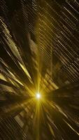 Vertical video - glowing golden grid network of blinking digital data lights, particles and bright lens flare. Connectivity concept technology motion background.