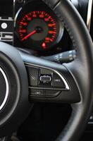 View Of Defocused Speedometer With Red Backlight Through Steering Wheel With Speed Control Buttons On It photo