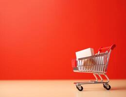 AI generated miniature shopping cart isolated in red background with copy space photo