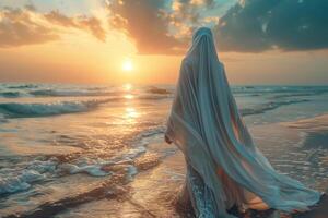 ai generado mujer musulmán en el playa a puesta de sol hora con Copiar espacio foto