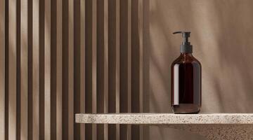 Pumper bottle on beige terrazzo platform,abstract cement wall, sunshade on background, abstract background for product presentation. 3d rendering photo