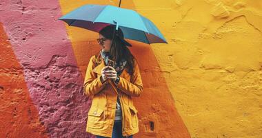 AI generated Young happy emotional cheerful girl laughing with umbrella on colorful background photo