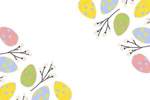 Easter corner frame with top and bottom border of vibrant painted eggs and spring twigs. Copy space vector