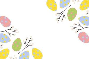 Easter corner frame with top and bottom border of vibrant painted eggs and spring twigs. Copy space vector