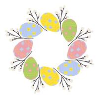 Circle frame of patterned Easter Eggs and blooming twigs. Copyspace. Easter greetings design concept vector