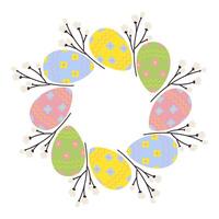 Circle frame of patterned Easter Eggs and blooming twigs. Copyspace. Easter greetings design concept vector