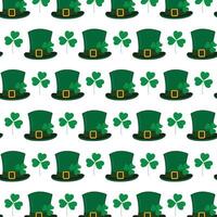 Seamless pattern of Leprechaun hats with ribbon buckle and shamrocks. St. Patrick background texture vector