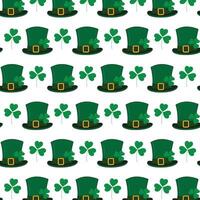 Seamless pattern of Leprechaun hats with ribbon buckle and shamrocks. St. Patrick background texture vector