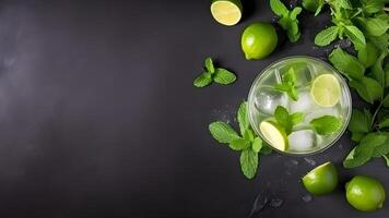 AI generated Top view of refreshing mint cocktail mojito in a glass on black background with lime, mint leaves and ice, neural network generated image photo