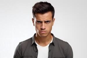 AI generated Sulking young adult Latin American man, head and shoulders portrait on white background. Neural network generated photorealistic image. photo