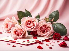 AI generated Beautiful pink roses and blank card for your text on pink background photo