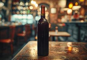 AI generated Bottle of wine on wooden table background. wine shop photo