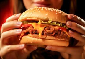 Beautiful young woman eating a hamburger. Close-up. photo