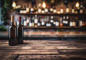 AI generated Bottle of wine on wooden table background. wine shop photo