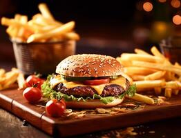 Cheeseburger with French fries on wooden board photo