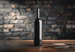 AI generated Bottle of wine on wooden table background. wine shop photo