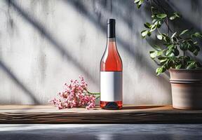 ai generado Rosa vino, botella de Rosa vino con blanco etiqueta y flores en natural luz, Bosquejo foto