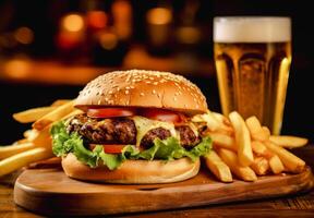cheese burger burger with french fries and a glass of beer on wooden board photo