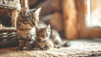 cat sitting with kitten, cute little kittens on floor, selective focus. photo